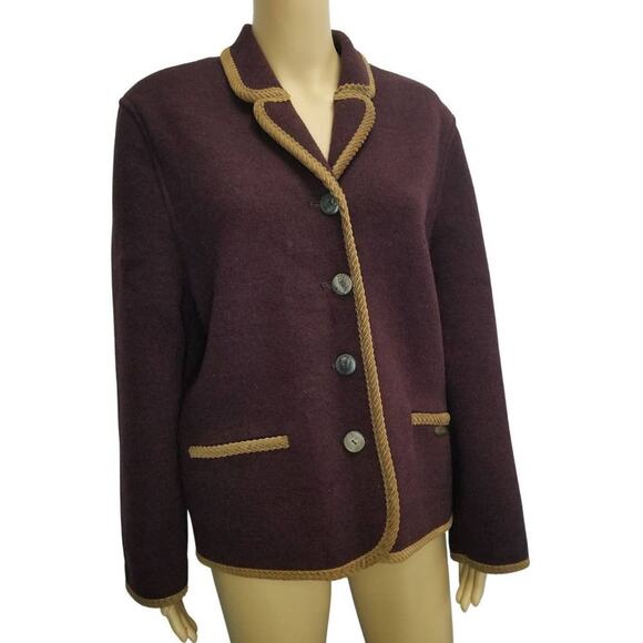 Giesswein Made in Austria Burgundy Wine Color Wool Blazer with Brown Trim Size 8 - Picture 1 of 5